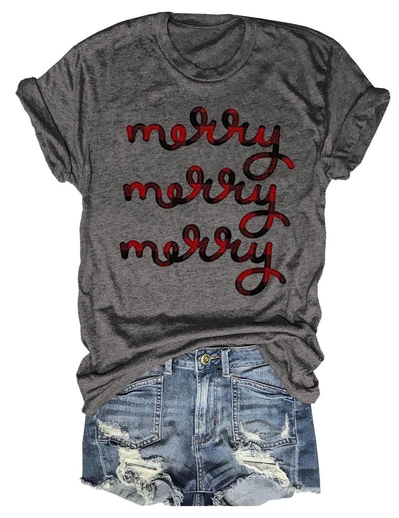 Beopjesk Women's Buffalo Plaid Tees Casual Short Sleeve Merry Letter Printed Graphic Blouse Tops (XL, Red)